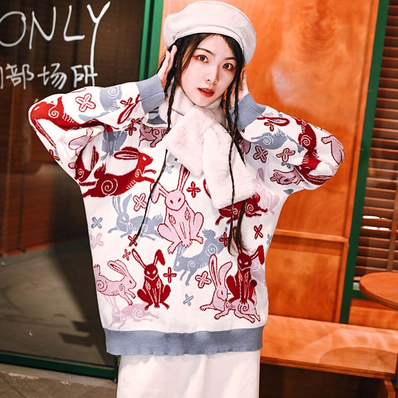 [Old Monster --- Rabbit Series] ★China style sweater★ 2color tops print rabbit rabbit rabbit SML