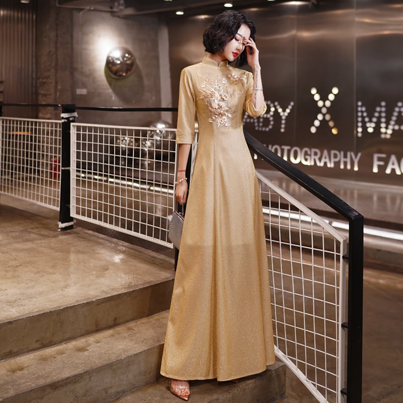 [Chouga series] ★Party dress★ Maxi length dress Improves temperament Gold Golden Chinese style