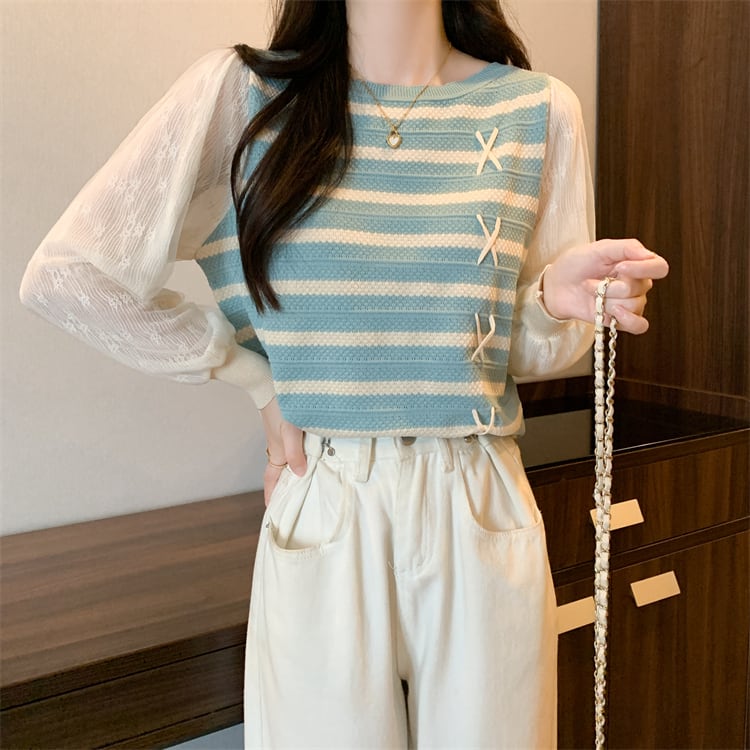 [SHENLANG Series] ★Tops★ 2color Long sleeve Vertical stripes Striped pattern Large size Blue Black Improves temperament