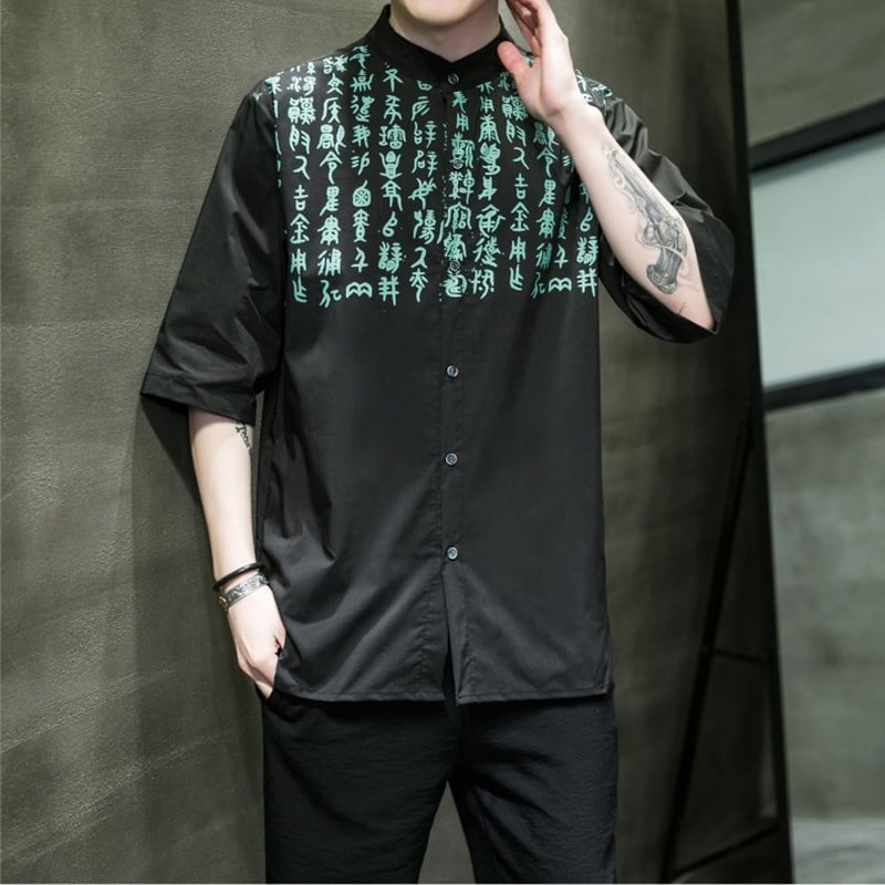 [YISHUO Series]★China style shirt★ Tops Unisex Men's Large size Letter pattern Black Black