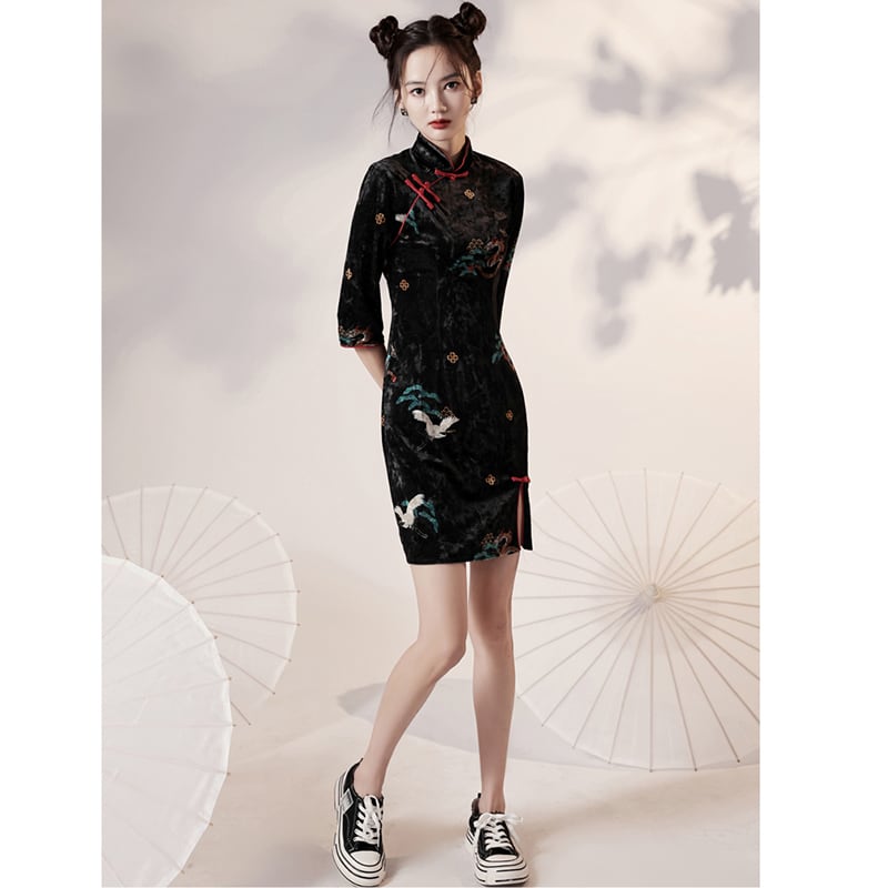 [YUEQIAO Series]★Cheongsam dress★Short length crane velvet Chinese style dress slimming