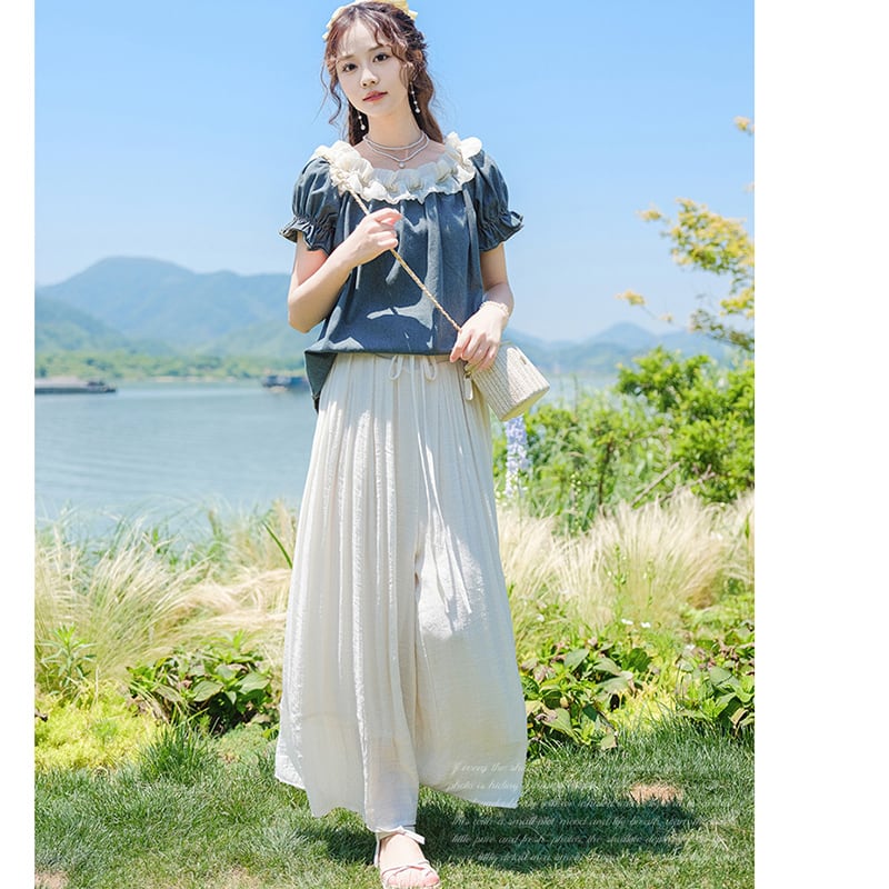 [White Sake Series] ★ Gaucho Pants ★ Bottoms Elastic Waist Plain Ladies Date Improves Temperament Simple