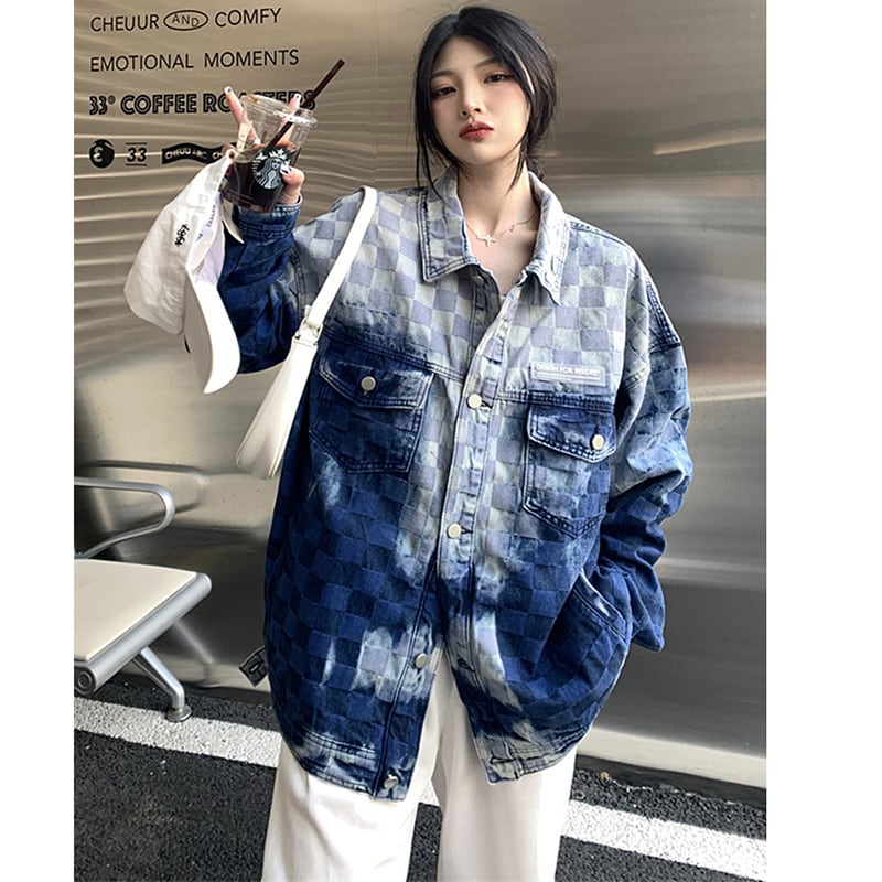 [YONGFEI Series]★Jacket★ Tops Outerwear Denim Jacket Plaid Pattern Unisex Men's Stylish Blue Blue