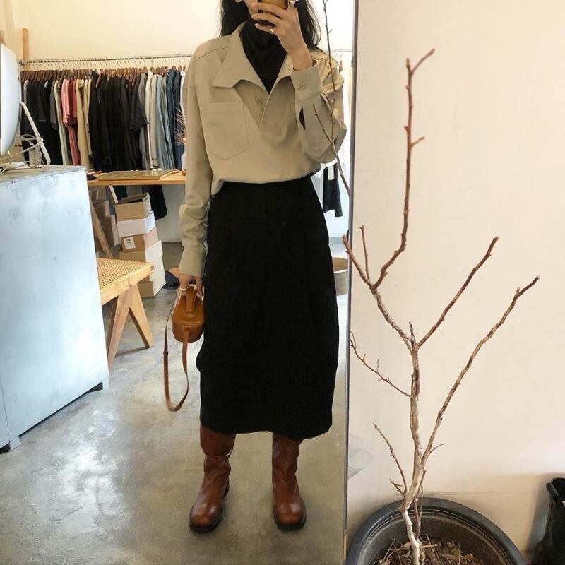 [Sleeveless series] ★Tops★ 2color Stand Neck Long Sleeve Simple Commuting Date OL Office Beige Black