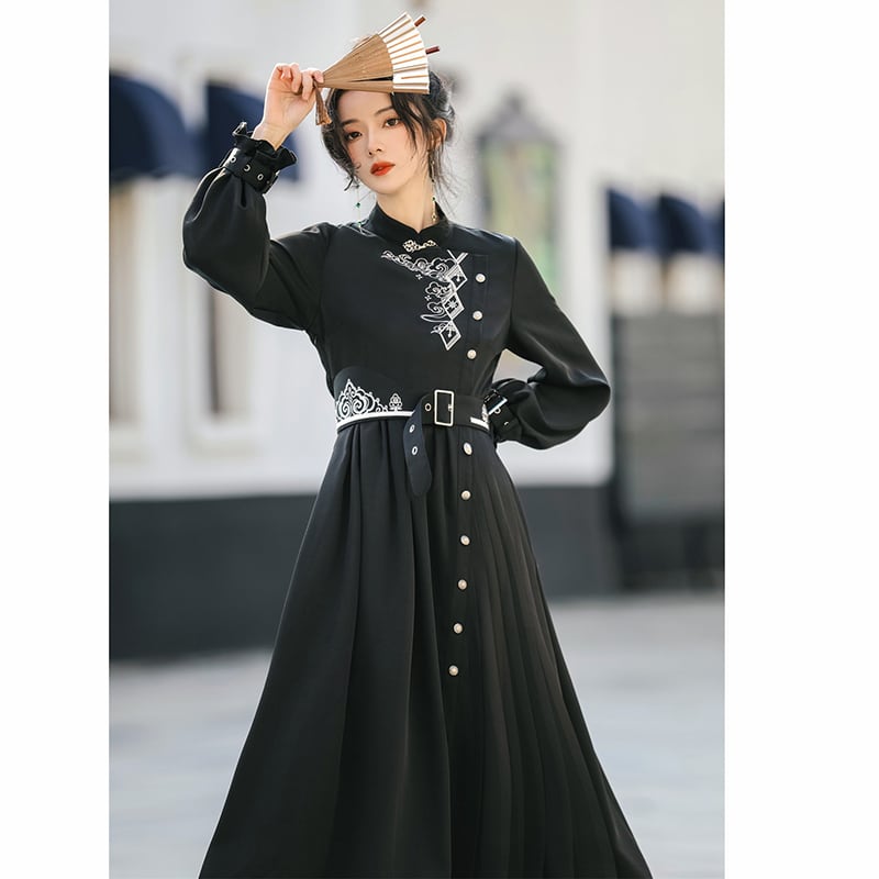 [Dust smoke and cloud dream series] ★China style dress★ With belt, long sleeves, embroidery, black, black SML, slimming, Chinese elements