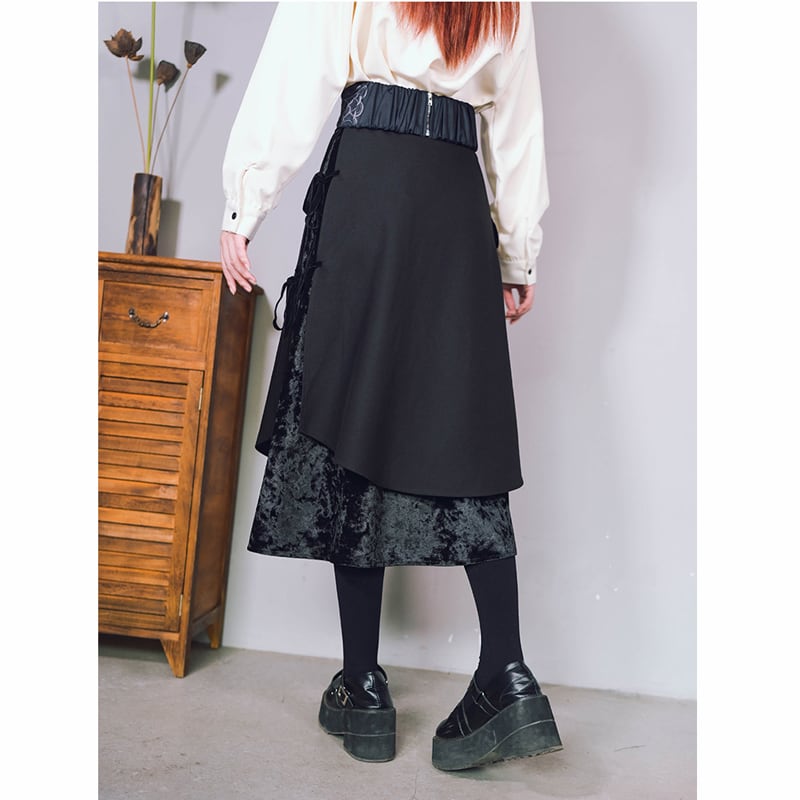 [Ancient monster house---Shanhai-kei series] ★China style skirt★ Velvet with belt Thick Black Black S M L XL