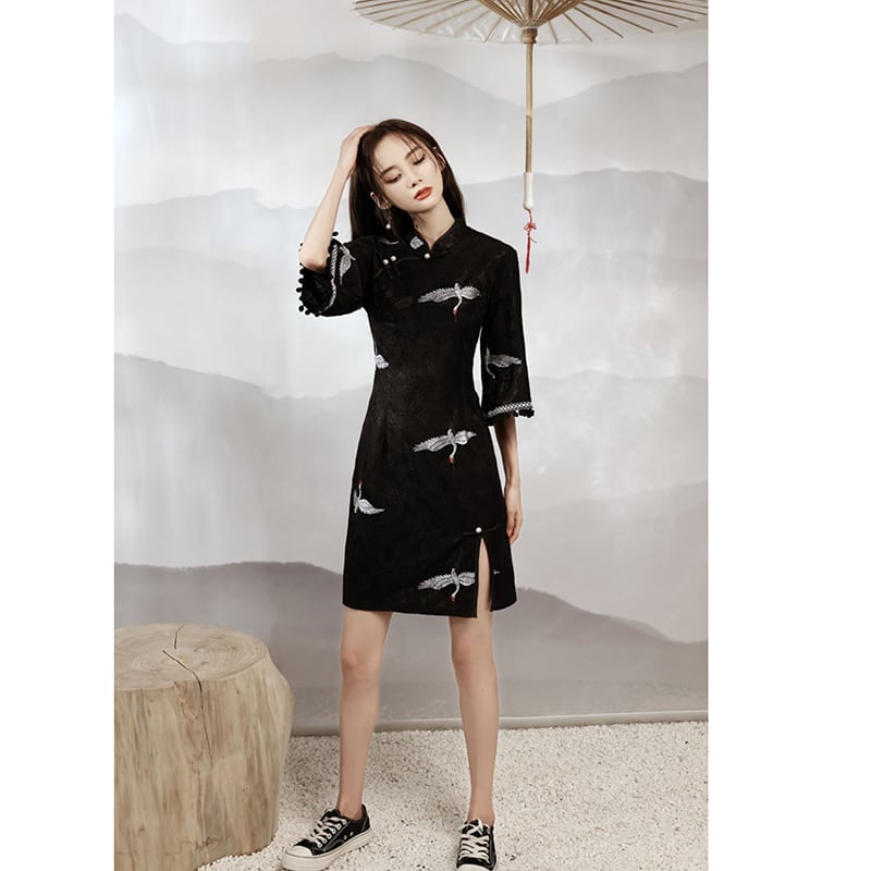 [YUEQIAO Series]★China Dress★ 2color Short Length Chinese Style Dress Crane Lace Chinese Clothes Black Black