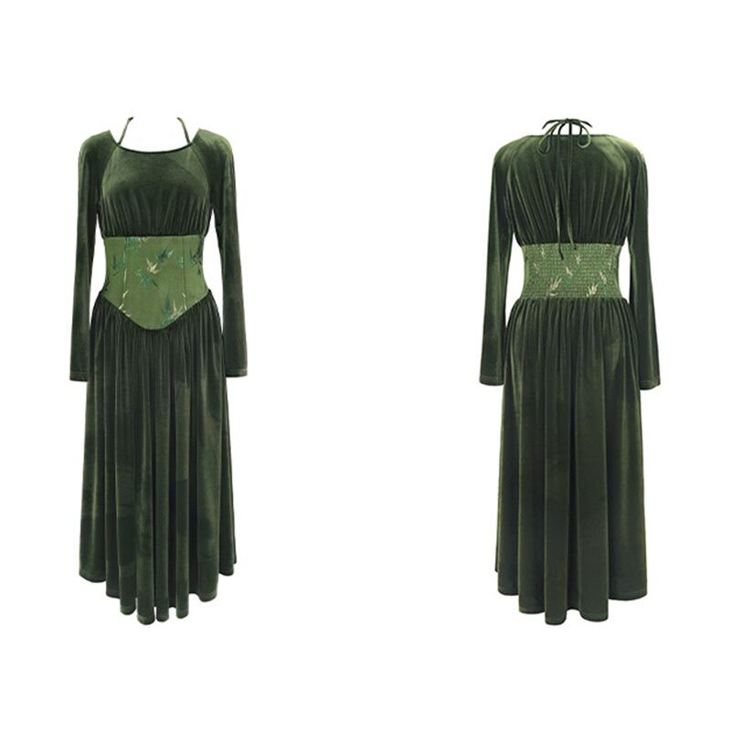 [Big Blue Dragon Series] ★China style dress★ Switching velvet bamboo embroidery green sexy