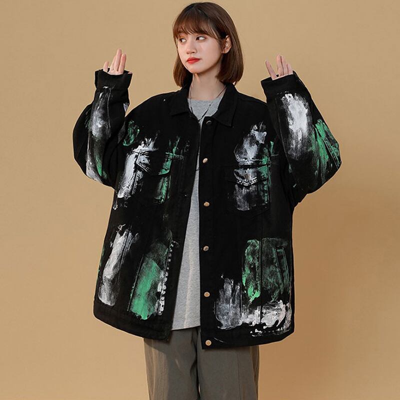 [Fujiiman Series] ★Jacket★ 2color outer denim unisex graffiti unique couple clothes retro oversize