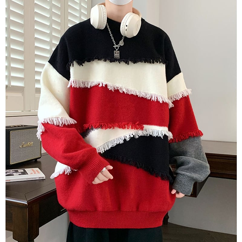 [ZUOFEILI Series] ★Sweater★ 5color Tops Unisex Men's Large Size Switching Color Scheme Stylish