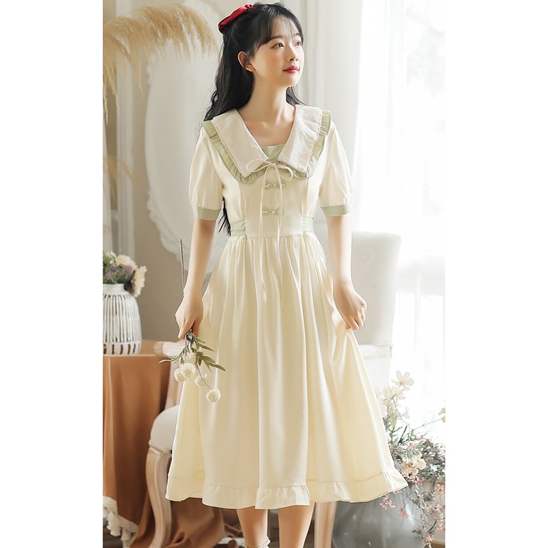 [Large Orange Series] ★China-style dress★ Improved cheongsam dress, summer clothes, cheongsam button, improves temperament, beige