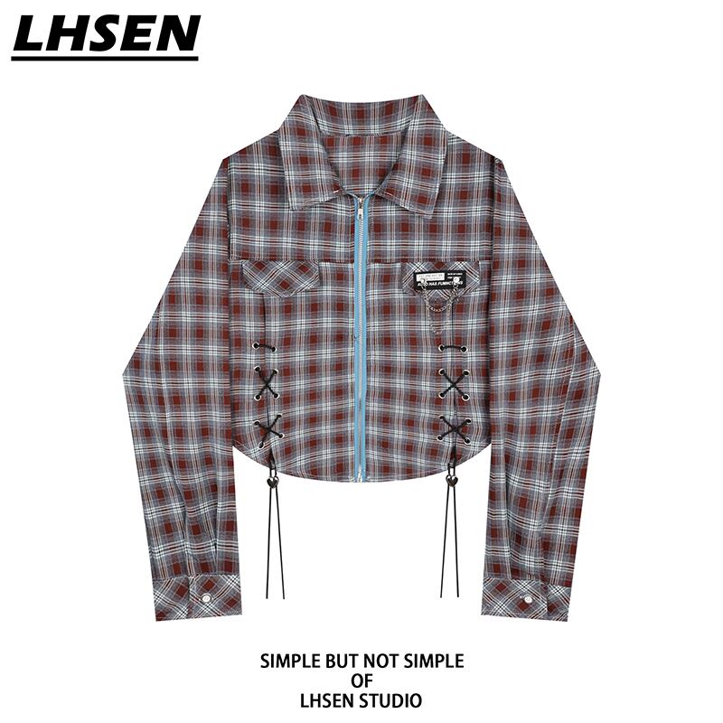 【LHSENシリーズ】★シャツ★ 2color 長袖シャツ ショート丈 チェック柄 おしゃれ レディース S M L