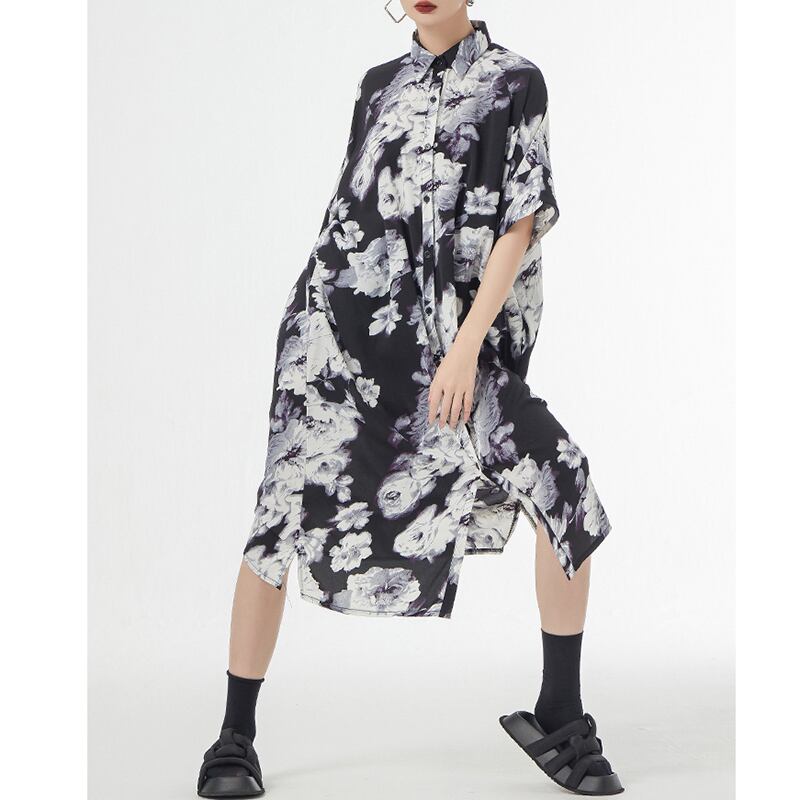 [YIDAO Series]★Shirt dress★ 2color long shirt print retro floral pattern loose casual summer clothes