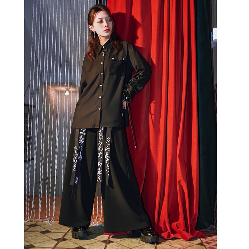 [Old Monster --- Preface Series] ★China style trousers★ Bottoms Spring/Autumn type Gaucho pants Text pattern Black Black