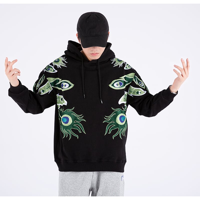 [Machiha clan series] ★Embroidery Chinese style hoodie★ 2color black or white peacock original cool