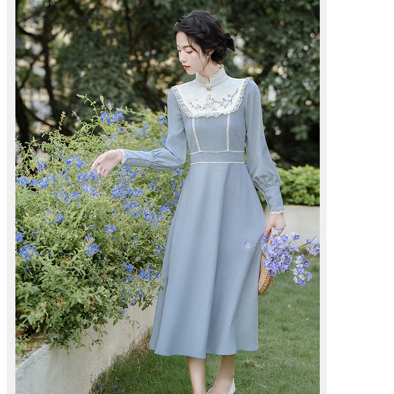 [Tatsuze Chenis Series] ★Chinese style dress★ Hanfu dress, Chinese elements, retro, switching, fake layered, blue, blue