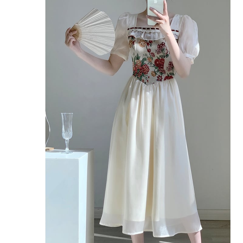 【Yuan Yuanシリーズ】★ワンピース★ 切り替え 油絵風 レトロ 半袖 夏ワンピース 気質アップ 可愛い