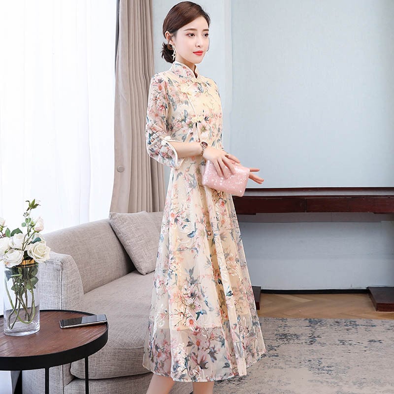 Chinese Style Dress, Long Dress, Long Sleeve, Good Temperament, Slim, Commuting, Girls' Night Out, Class Reunion, Present, Party, Large Size, ML, XL, 2XL, 3XL, Retro, Stand Neck, Floral Print, Apricot Color