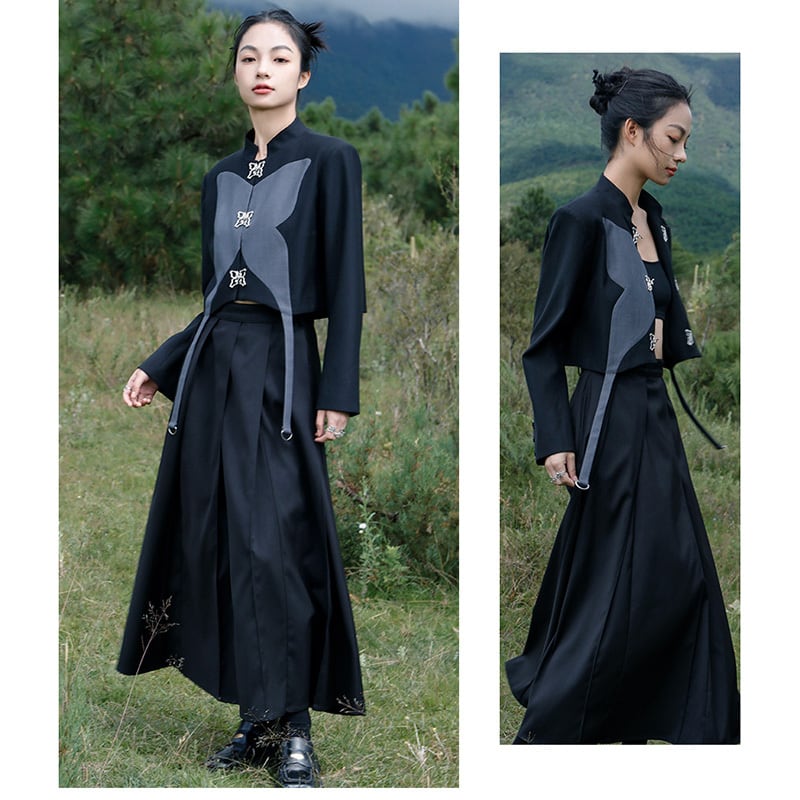 [Big Blue Dragon Series] ★China style outerwear★ Mini length Butterfly design Original black gray color scheme