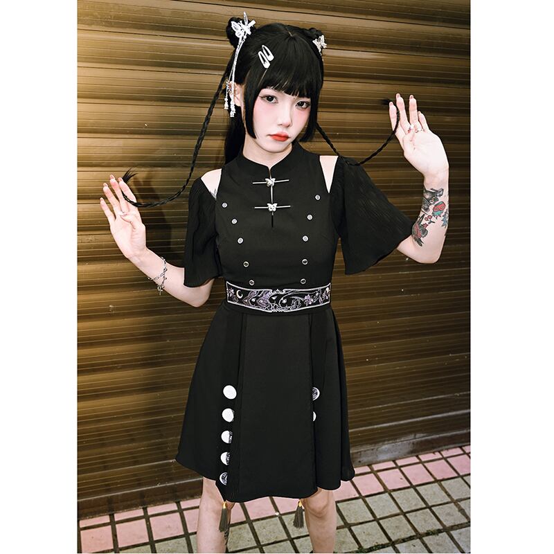 [Kokaisha---Dark Series]★China style dress★ Off-the-shoulder short length slimming original black black SML date