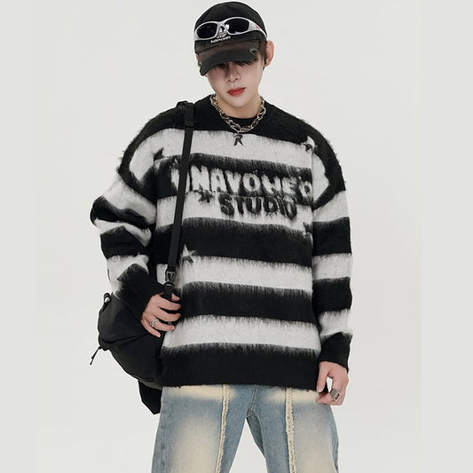 [Escaped Earth Series] ★Sweater★ 2color Tops Unisex Men's Loose Horizontal Stripes Striped Pattern Red Black