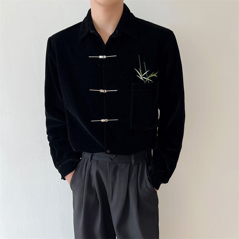 [Illustrated Series]★China Style Shirt★ Tops Bamboo Embroidery Velvet Unisex Men's ML XL Black Black