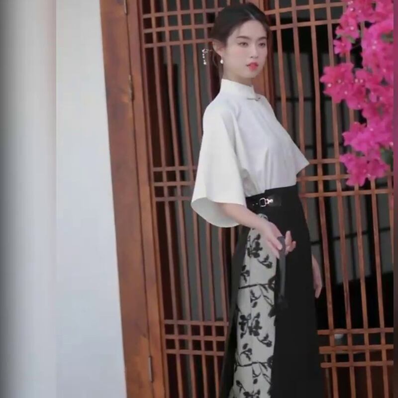 [BRMFUGU series]★China style skirt★Bottoms, slimming, floral pattern, Chinese elements, Chinese clothes, switching black, black