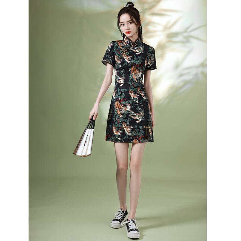 [YUEQIAO Series]★Cheongsam dress★Short length velvet Chinese style dress print retro