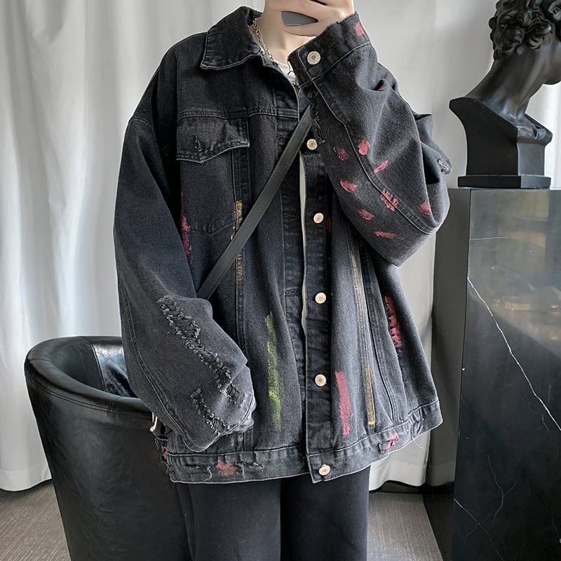 [YOULIN Series]★Denim jacket★ 2color outerwear unisex men's graffiti black blue