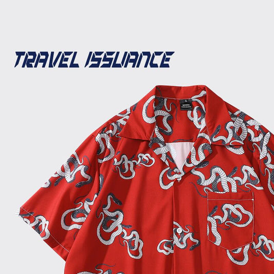 [TRAVEL ISSUANCE Series]★Shirt★ 2color Tops Short Sleeve Shirt Snake Print Spring/Summer Unisex Men's Black Red