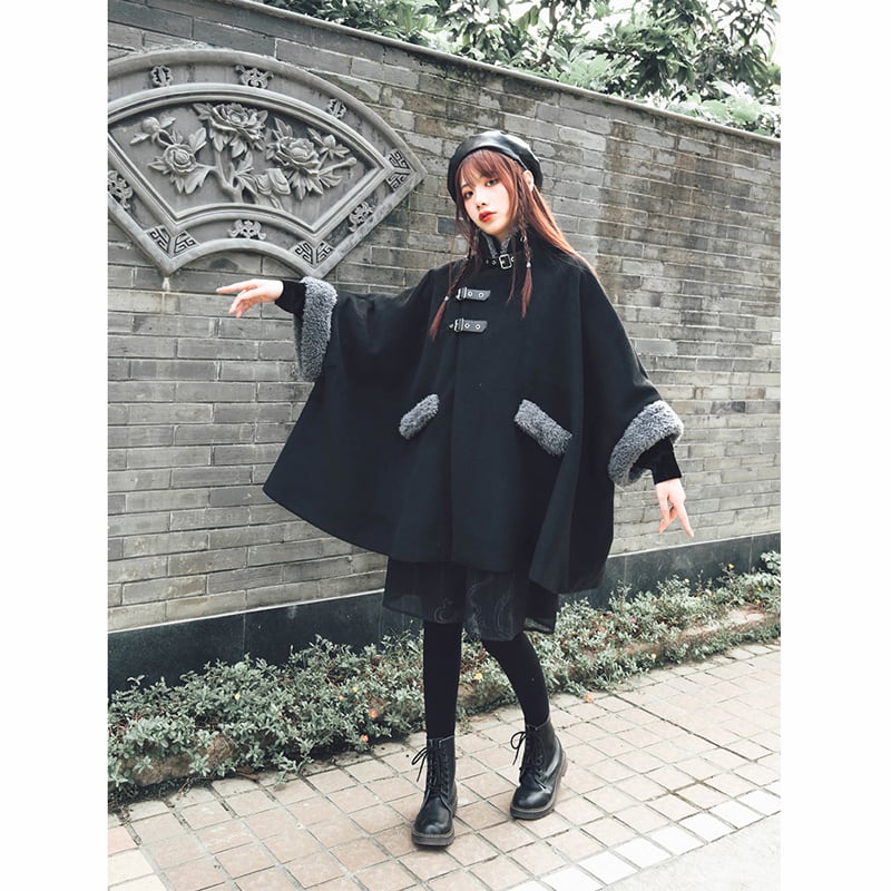 [Ancient monster house---Shanhai Jing Kunlun series] ★China style coat★ Outer coat Lasha loose thick warm black black cloak coat