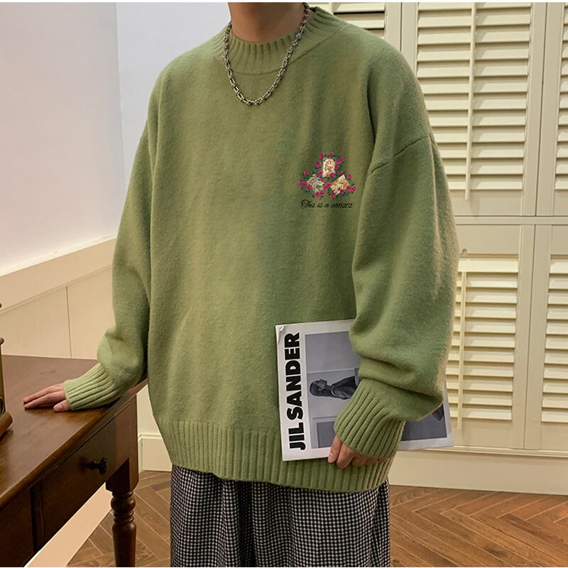 [High Series]★Sweater★ 5color Knit Tops Unisex Men's Floral Pattern Beige Black Blue Green Brown