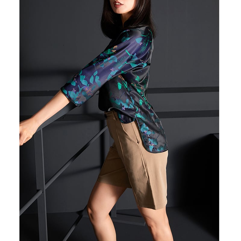 [Furo FRONT Series] ★Chinese style tops★ Shirt Original Floral pattern tops Improves temperament Blue Blue SML