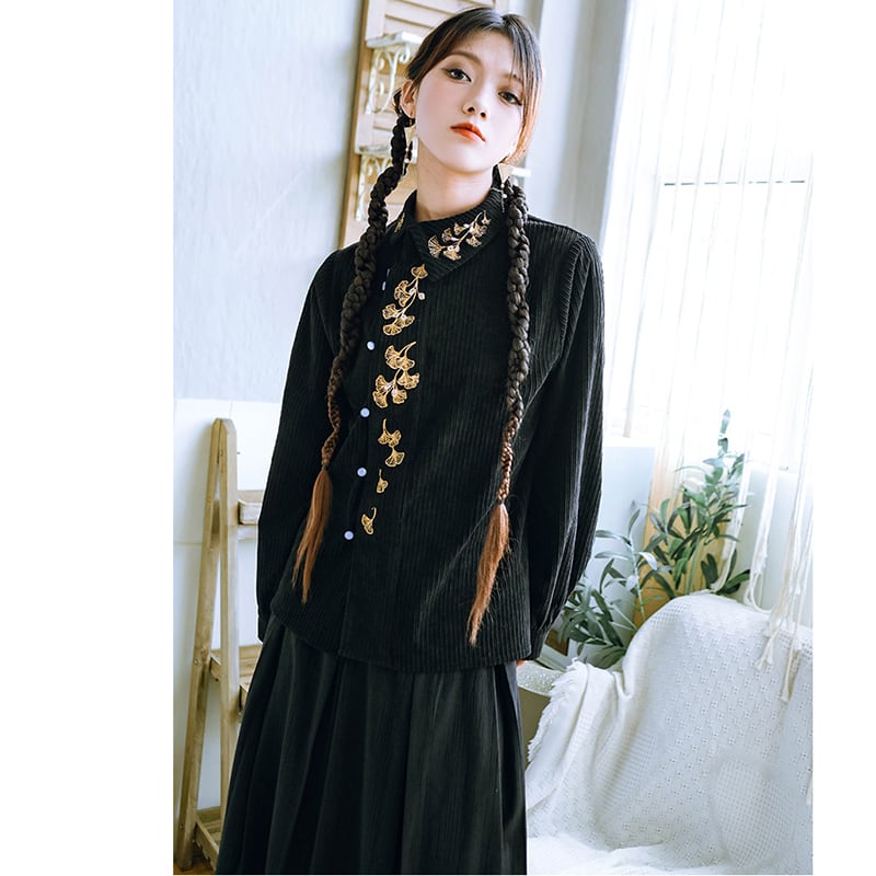 [Kokaisha --- Leaf Series] ★Chinese style tops★ Embroidery Hanfu tops Corduroy Thick Autumn/Winter Clothes Retro Black