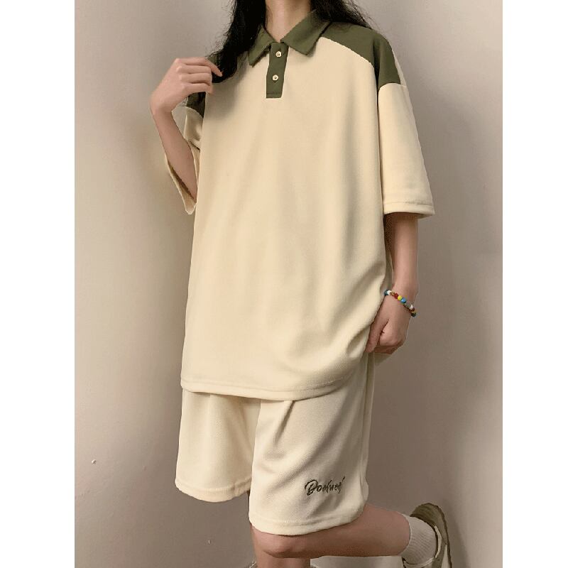 【藤伊曼シリーズ】★セットアップ★ 3color POLOシャツ+短パン 2点セット 上下セット 配色 シンプル 夏服