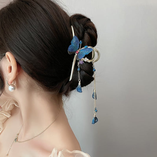 [Myo series] ★Chinese style hair ornament★ Old-fashioned Chinese clothing Improves temperament Fringe Butterfly Blue Blue Girls' night out Graduation party