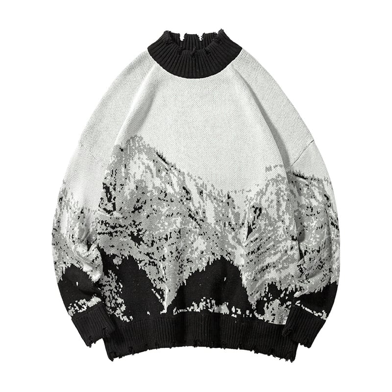 [Tafuku Cat Series]★Sweater★ Tops 2color White or Blue Unisex Couple Clothes Snowy Mountain Pattern Damaged Loose