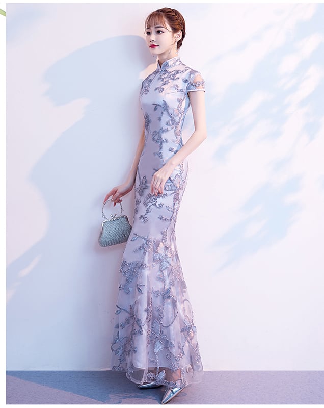 [Bride series] ★Cheongsam dress★ Dress Embroidered Mermaid line Beautiful SML Slimming Silver Gray