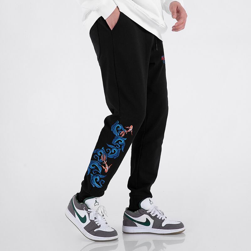 [Machiha clan series]★China style pants★Bottoms Embroidery Wave Goldfish Alphabet Black Black Large size