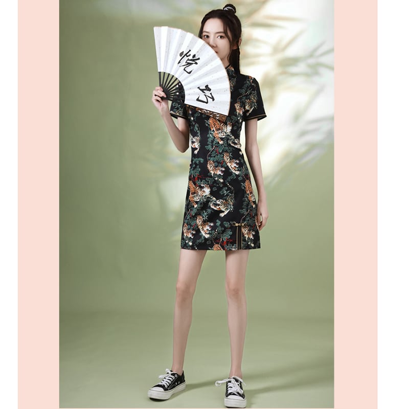 [YUEQIAO Series]★Cheongsam dress★Short length velvet Chinese style dress print retro