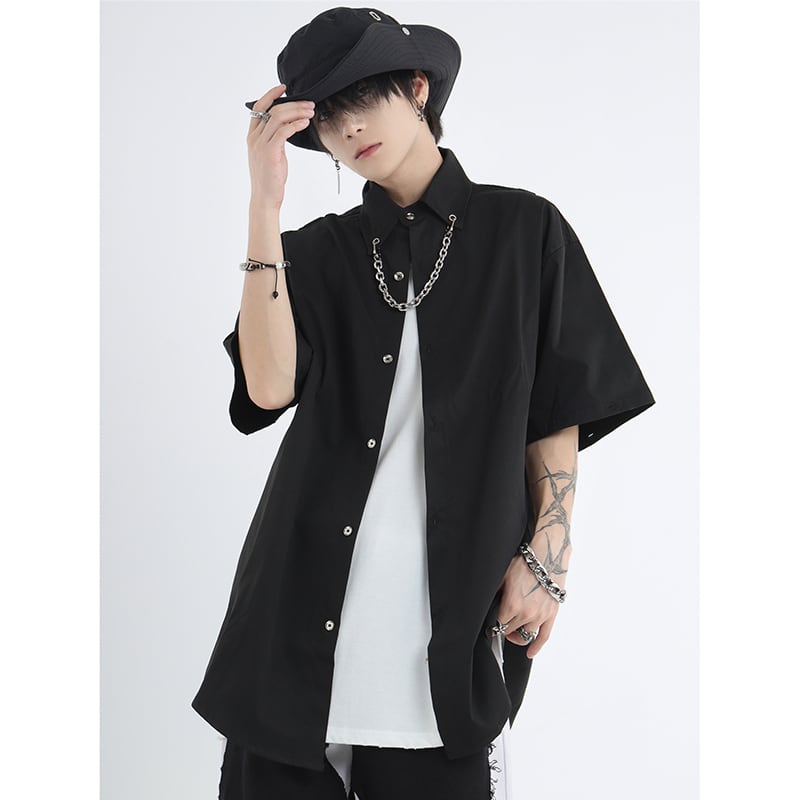 [Istudios Series]★Shirt with chain★ 2color tops long sleeve shirt short sleeve shirt unisex men's black green