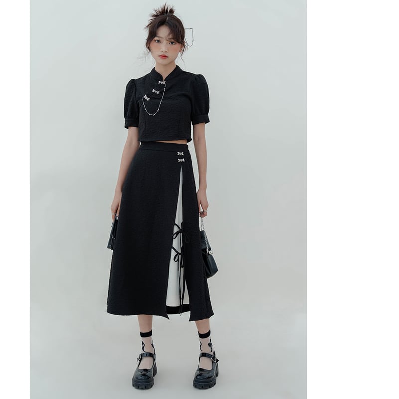 [LOVEHEYNEW Series] ★China style skirt★ Bottoms Slit Color scheme Black Black SML Slimming Easy to match