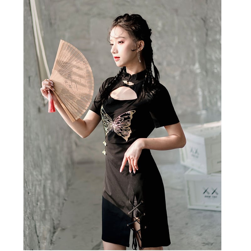 [Kyoto Series]★China-style dress★ Embroidery Improved Chinese dress Butterfly Black Black Slimming