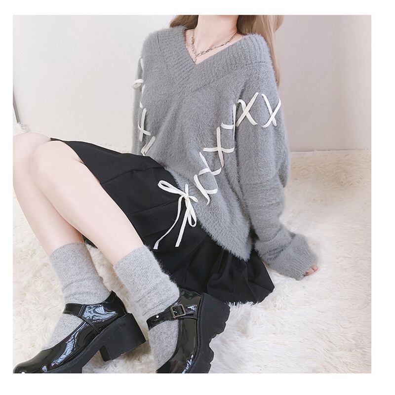 [Nekogan Series]★Sweater★ 2color Black or Gray Tops V-neck Fluffy Loose Black Date Cute