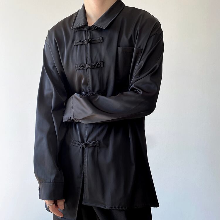 [Orange Family Series] ★Chinese style shirt★ Chinese clothing tops unisex men's black black casual Harajuku style