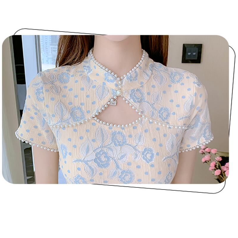 [Flower and Non-Flower Series]★China style dress★ Cheongsam dress, short length, floral pattern, lace, summer, ladies, cute