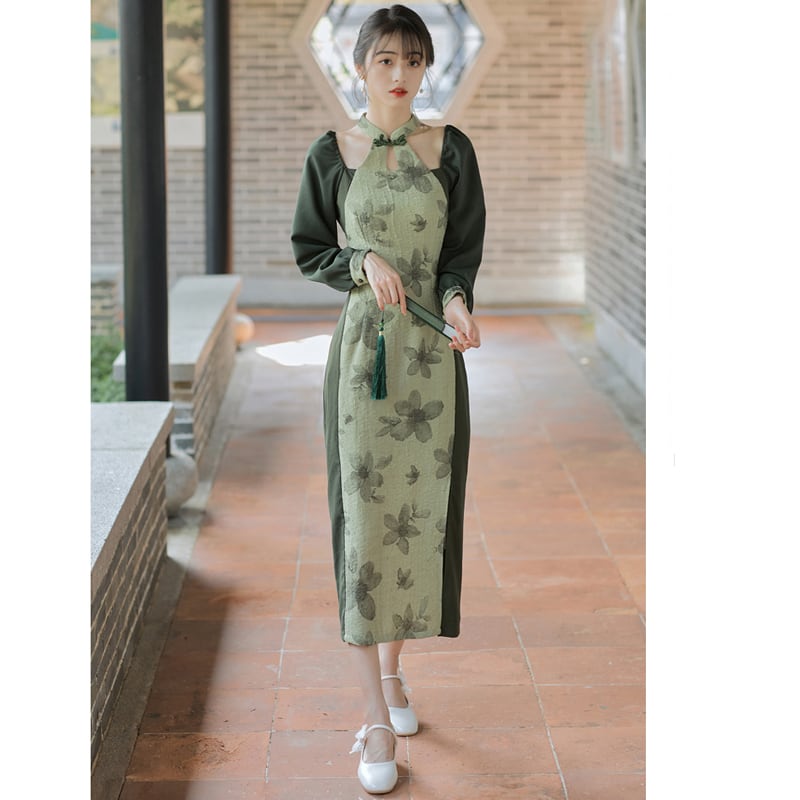 [Tatsuko Chenis Series] ★China style dress★ Improved cheongsam dress Floral pattern Color scheme Slimming Green Green SML