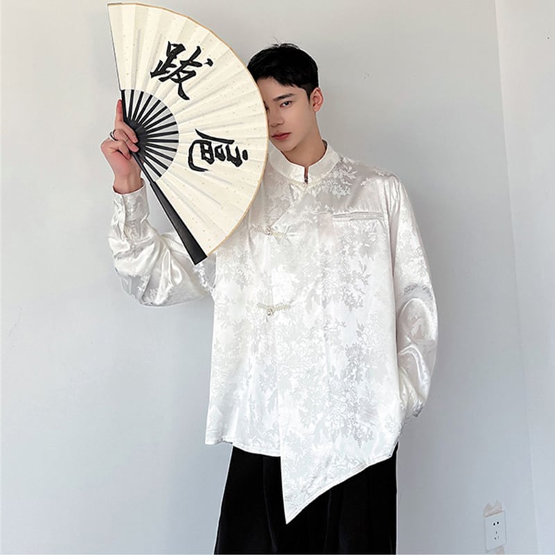 [Illustrated series] ★China style shirt★ 2color tops unisex men's floral print long sleeve shirt black white