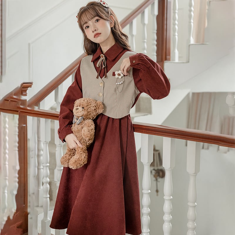 [Minami no Mori Series] ★One Piece★ 2color Faux Layered Fashion Ladies Switching Ribbon Wine Red Khaki Brown