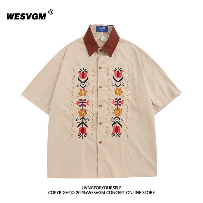 [WESVGM Series] ★Floral Pattern Shirt★ Embroidery Tops Unisex Men's Short Sleeve Shirt Floral Pattern Casual ML XL